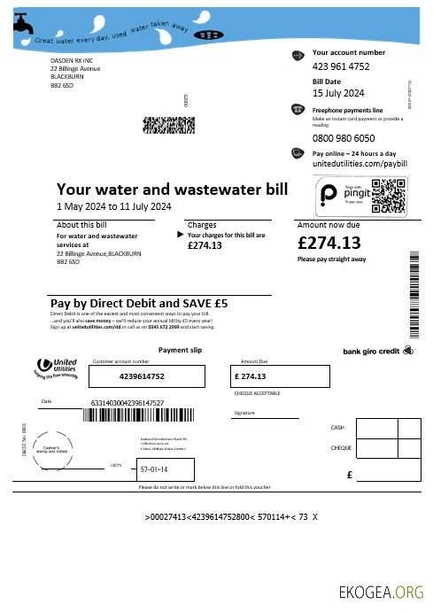 Modèle de facture de services publics de l'eau des services publics du Royaume Uni aux formats Word et PDF
